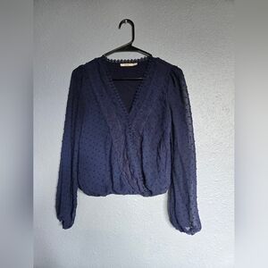 Navy Sheer Blouse with Lace Trim